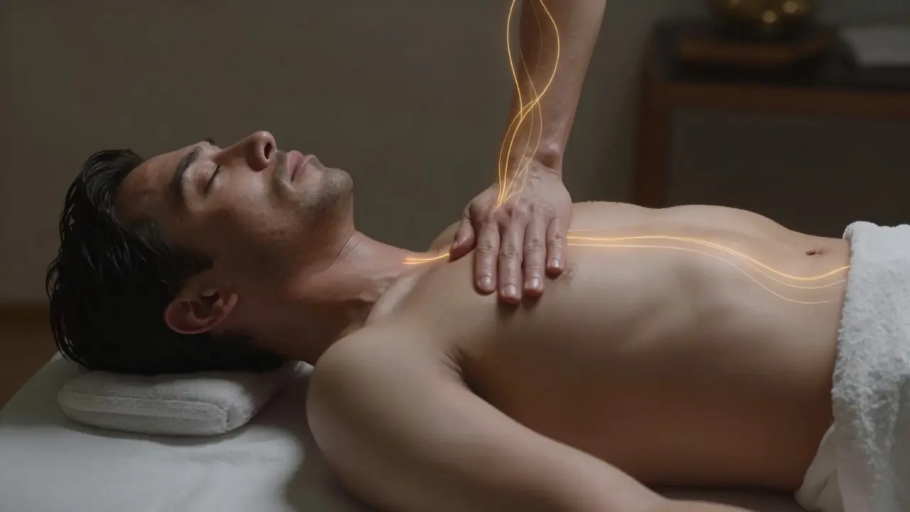 A man receiving tantric lingam massage with energy flowing upward through his body.