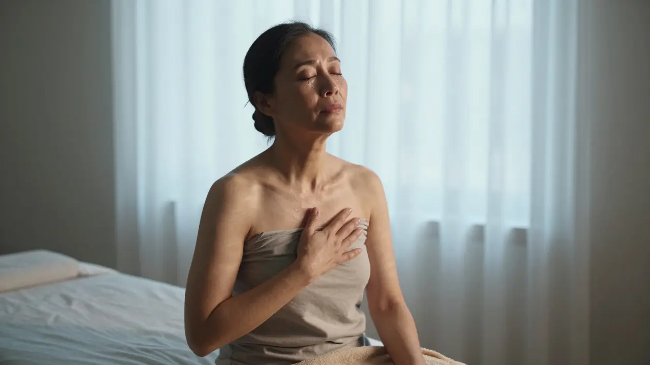 A woman sitting quietly after a tantric massage, eyes closed, holding a towel as light falls softly across her shoulders.