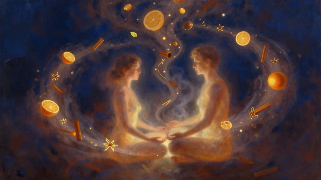 Abstract visualization of aromatic molecules connecting two people in meditation, symbolizing deep emotional and physical resonance.