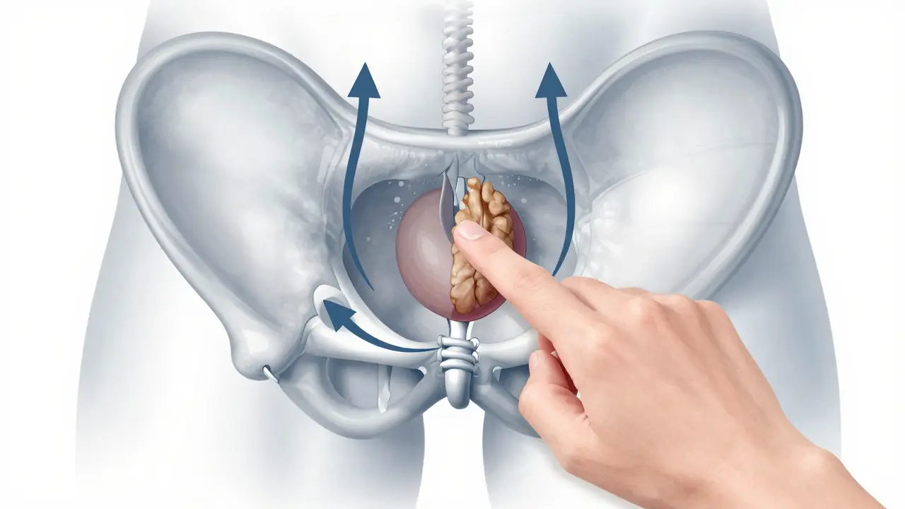 Anatomical illustration showing correct finger placement and motion for internal prostate massage.