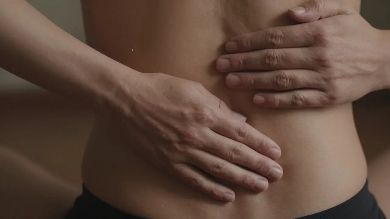 Close-up of mindful hands resting on the sacrum, conveying quiet presence and therapeutic touch without movement.