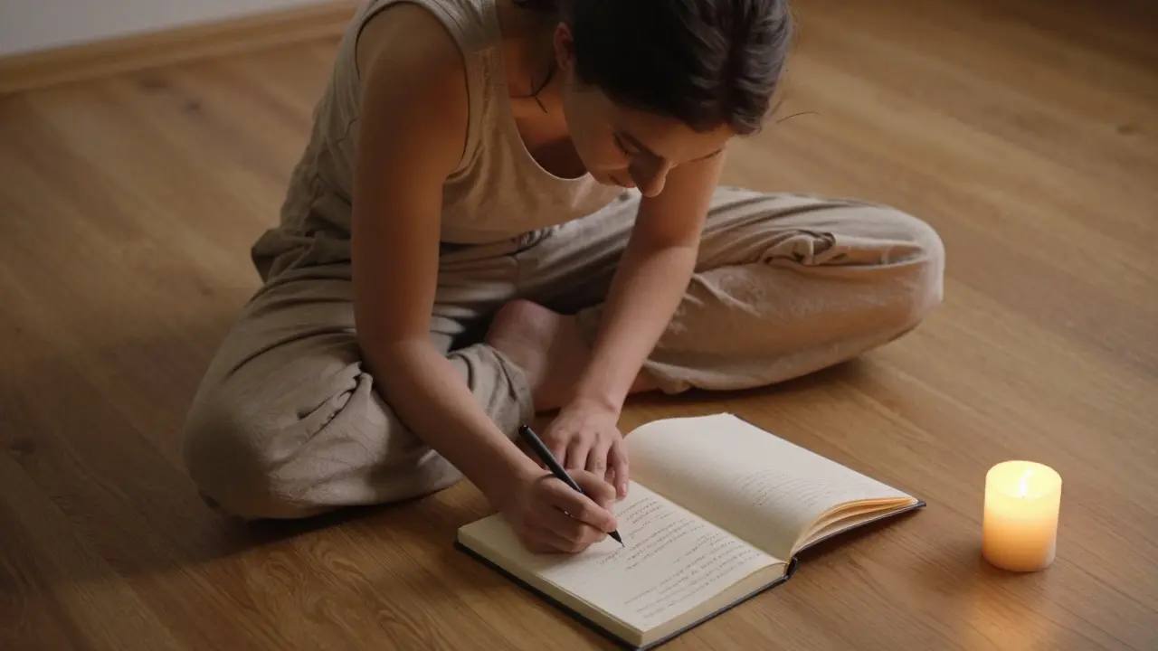 Person writing in a journal after a meditation session, softly lit, fully clothed, peaceful expression.