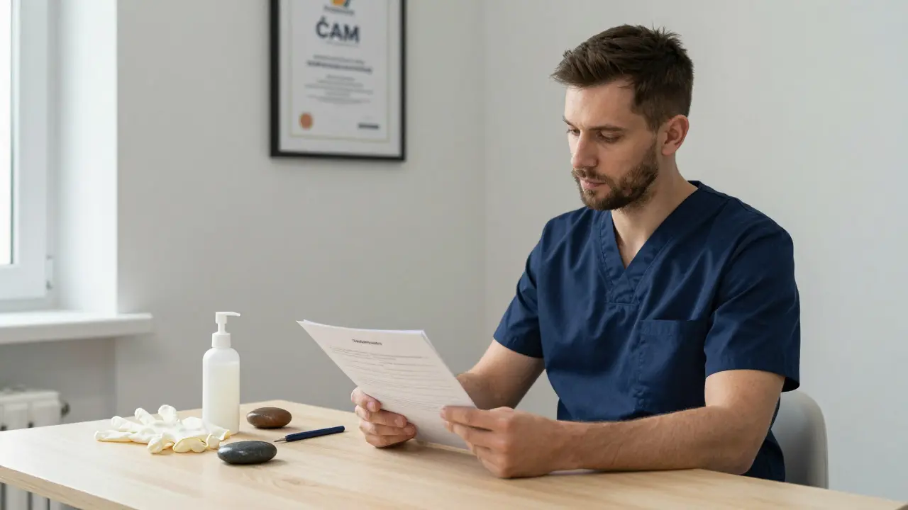 Professional masseur reviewing client clearance documents in a clean, certified clinic setting.