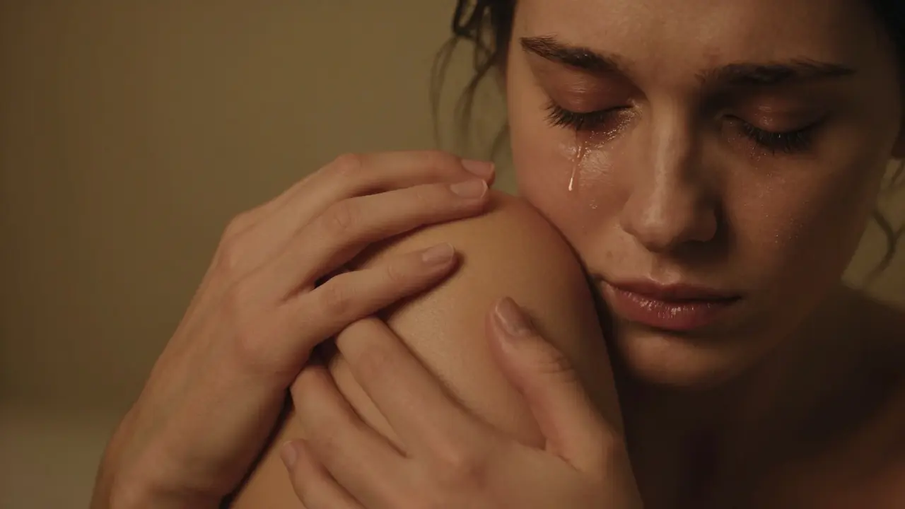 Two hands touching gently on a thigh, tear on cheek, conveying quiet emotional release.