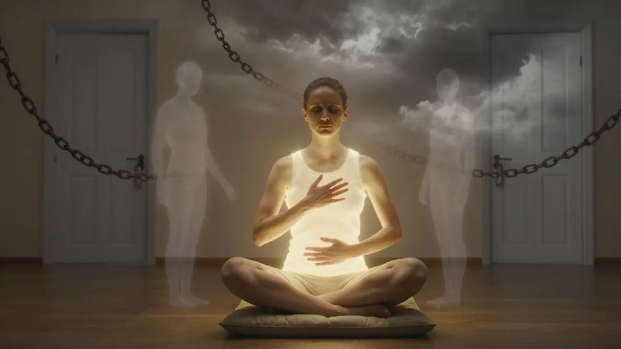 A person meditating with hands on heart and belly, surrounded by fading shadows of trauma dissolving into golden light.