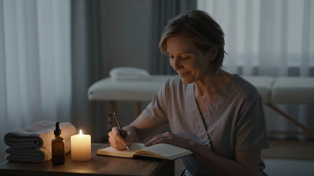 A woman writing in a journal at dawn, candlelight beside her, symbolizing emotional reconnection after menopause.