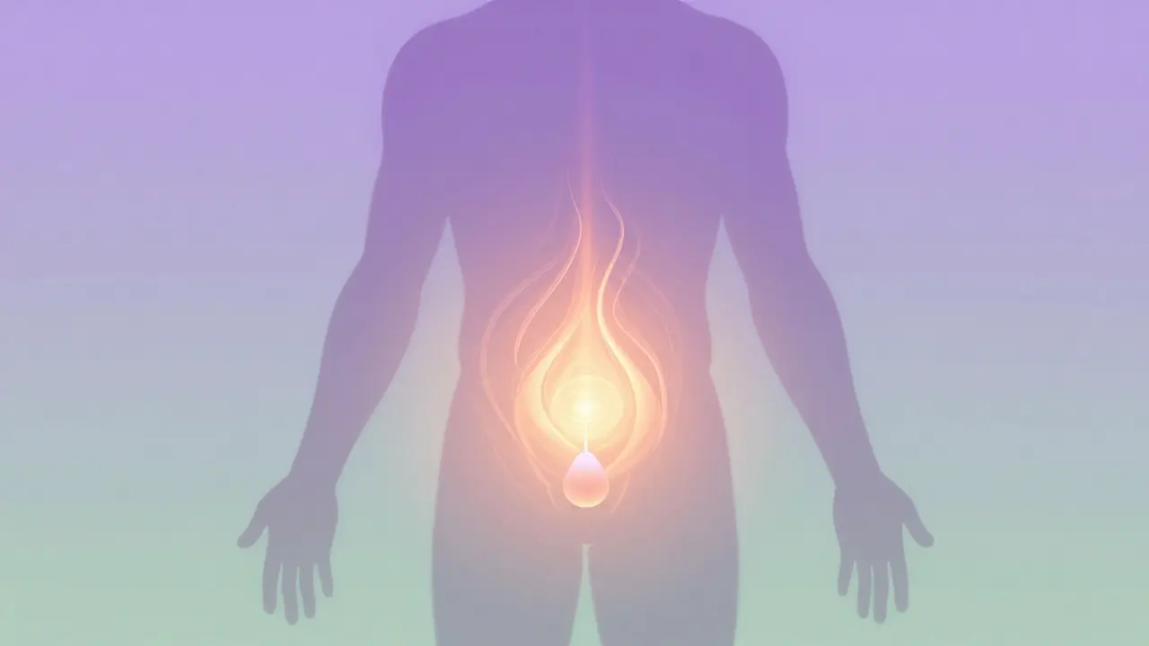 Abstract warm light radiating from the pelvic area, symbolizing improved circulation and gentle therapeutic stimulation.