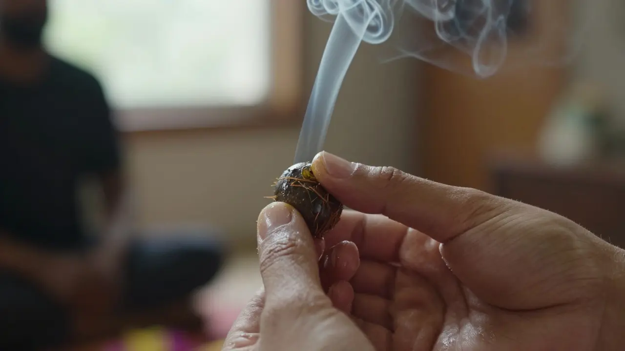 Close-up of a hand softly rolling a testicle with warm oil, highlighting gentle, mindful touch.