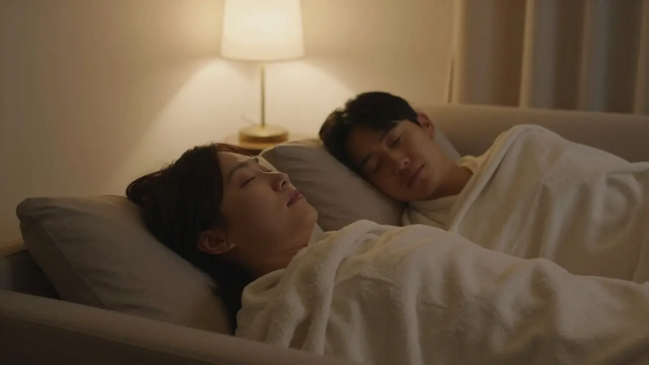 Couple resting on couch under blanket, soft lighting.