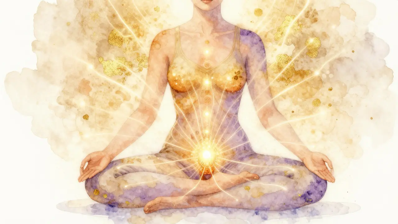Energetic flow lines radiating from a woman's pelvis and sacrum in soft amber and lavender tones.