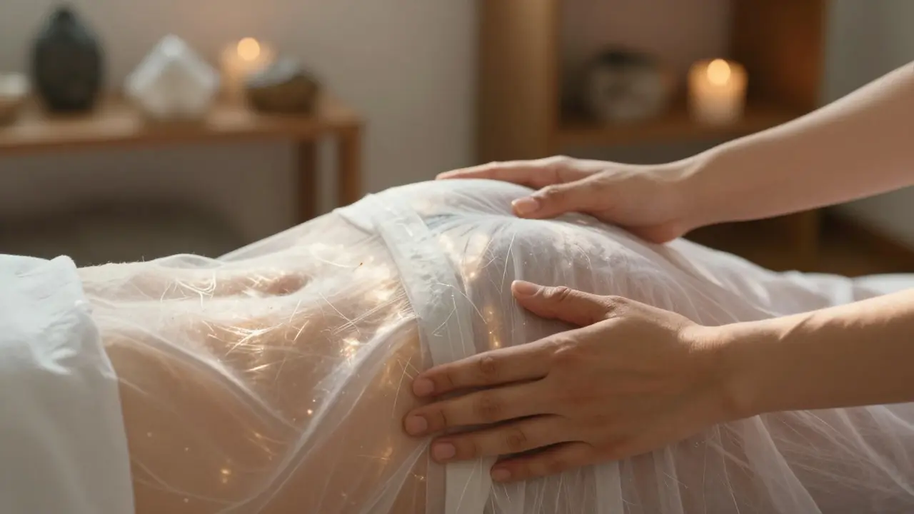 Gentle hands resting over a woman's pelvis through thin fabric, illuminated by warm sunlight in a serene, private space.