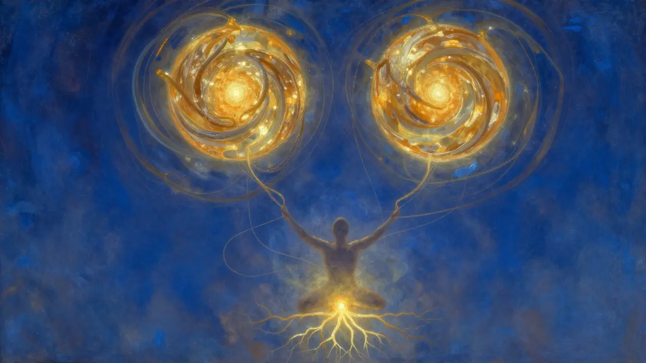 Golden energy orbs radiating warmth through water-like flows, symbolizing male life force and grounding.