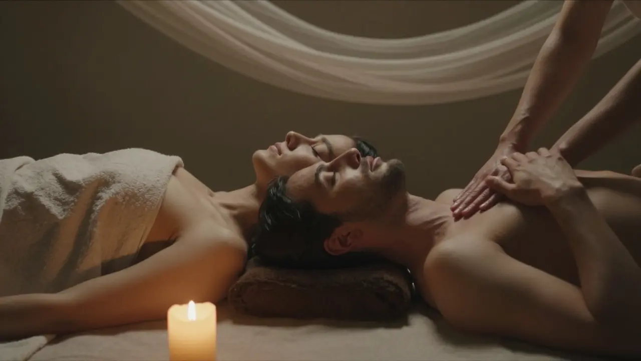 Post-massage silence, partners lying still together, one whispering as the other listens with open hands.