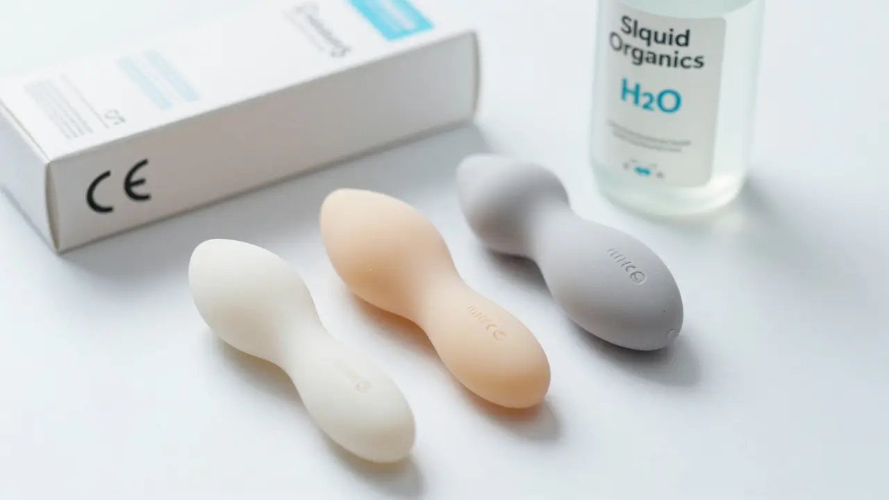 Three sized silicone prostate massagers with CE certification and hypoallergenic lubricant on a clean white surface.