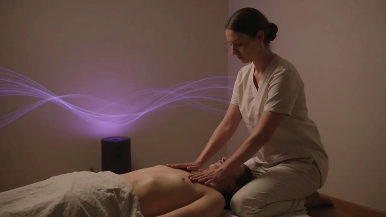 A therapist's hands hover above a client's body, surrounded by glowing sound tendrils in a serene, minimalist studio.