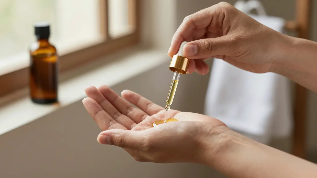 Clean hands gently applying warm massage oil during a tantric ritual, with glass bottle and towel in background.