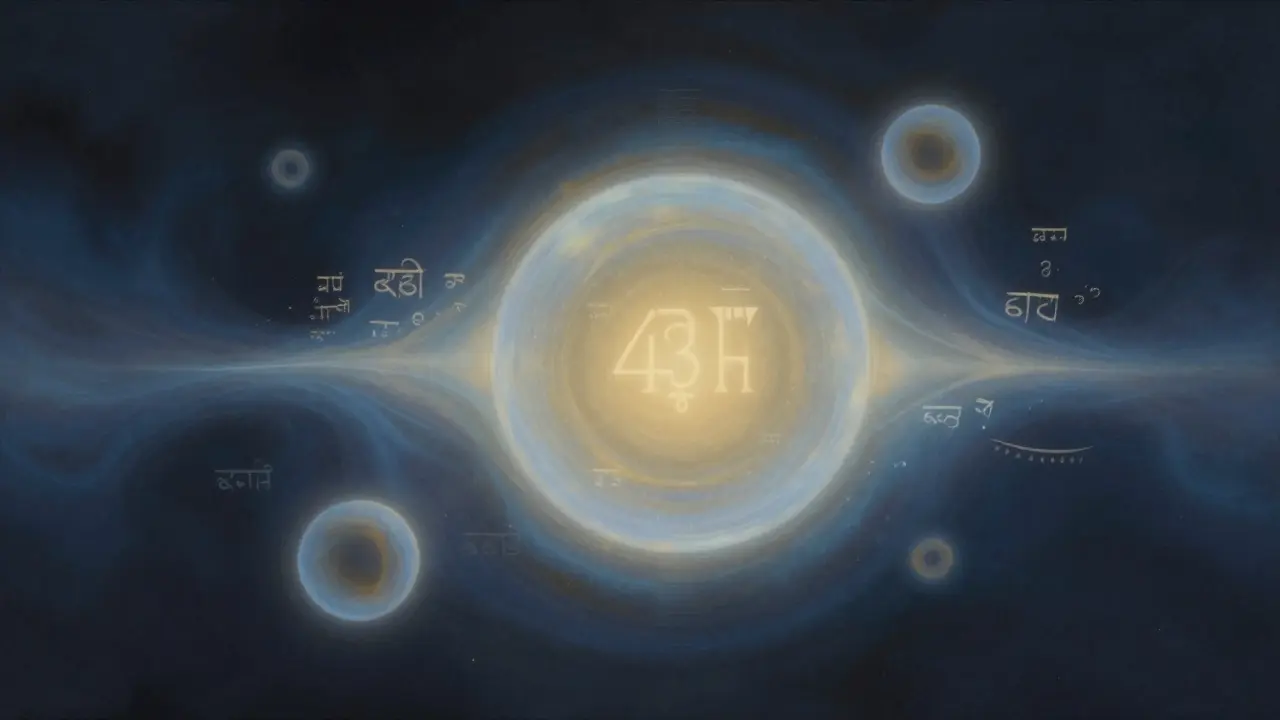 Floating orbs of golden and blue light drift gently in darkness, representing calming, resonant sound waves with subtle spiritual symbols.