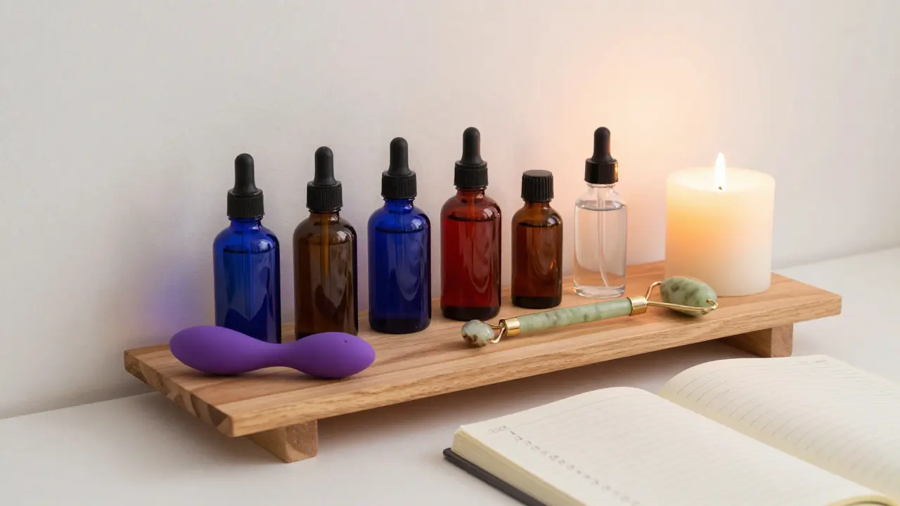 Labeled oil bottles, cleaned tools, and logbook arranged on wooden shelf in a clean, pet-free ritual space.