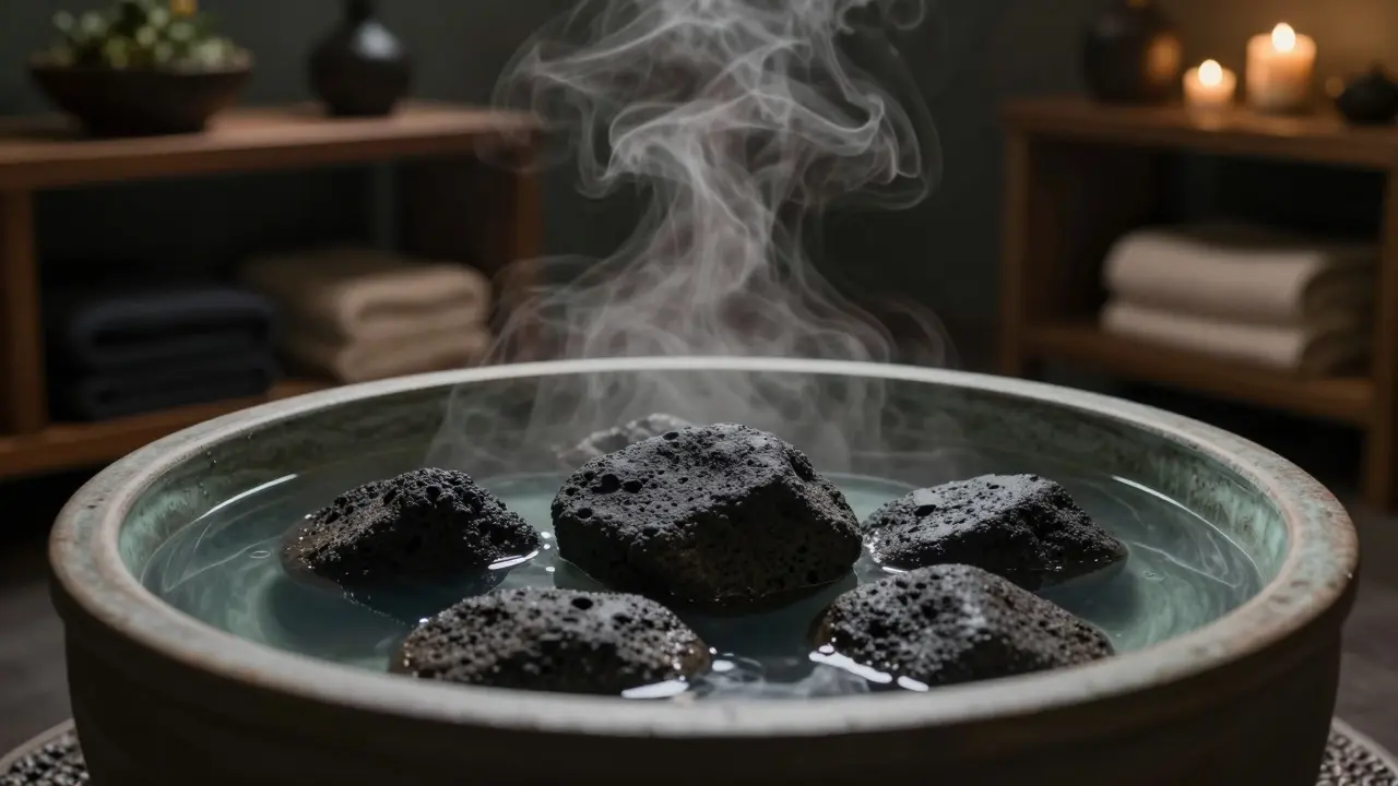 Volcanic rocks heating in steaming ceramic basin