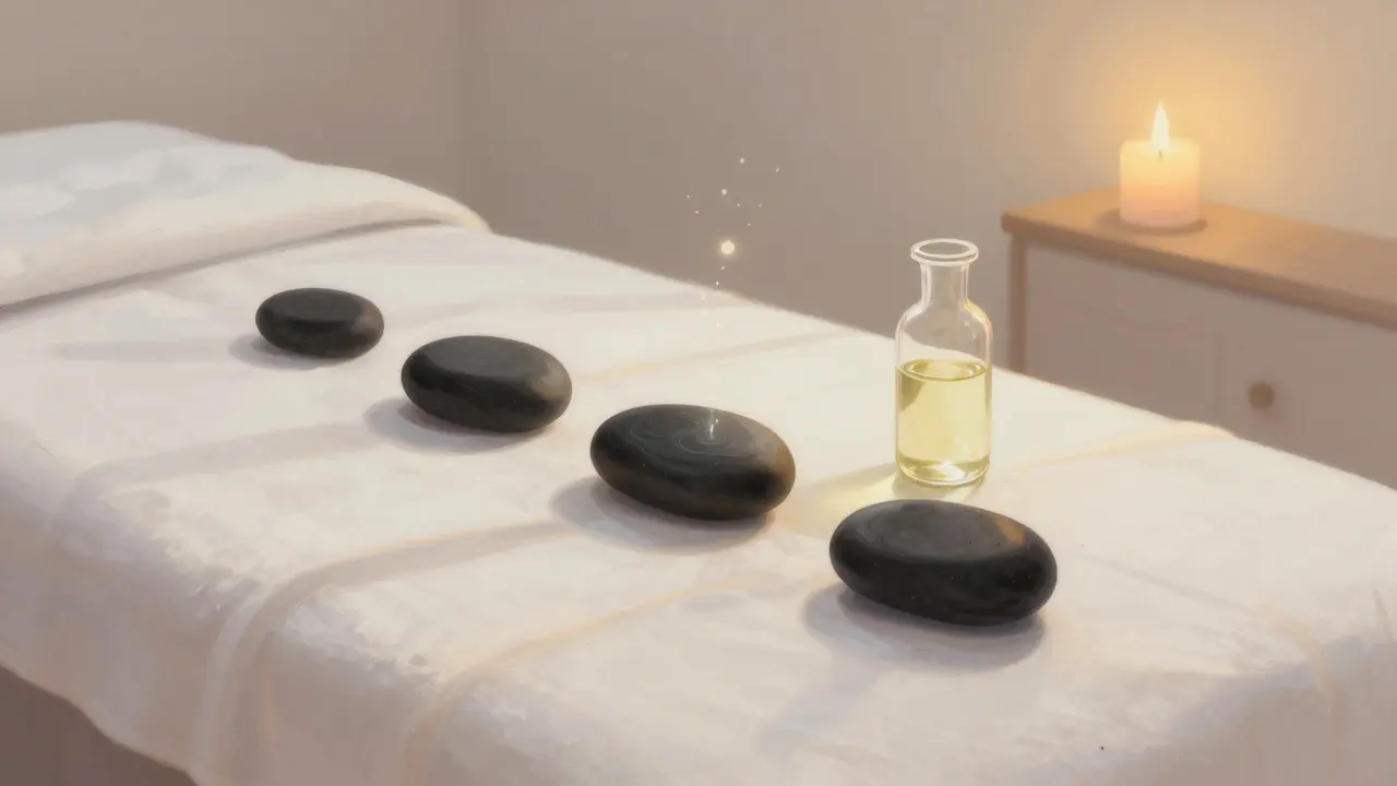 White linen treatment table with black stones and oil