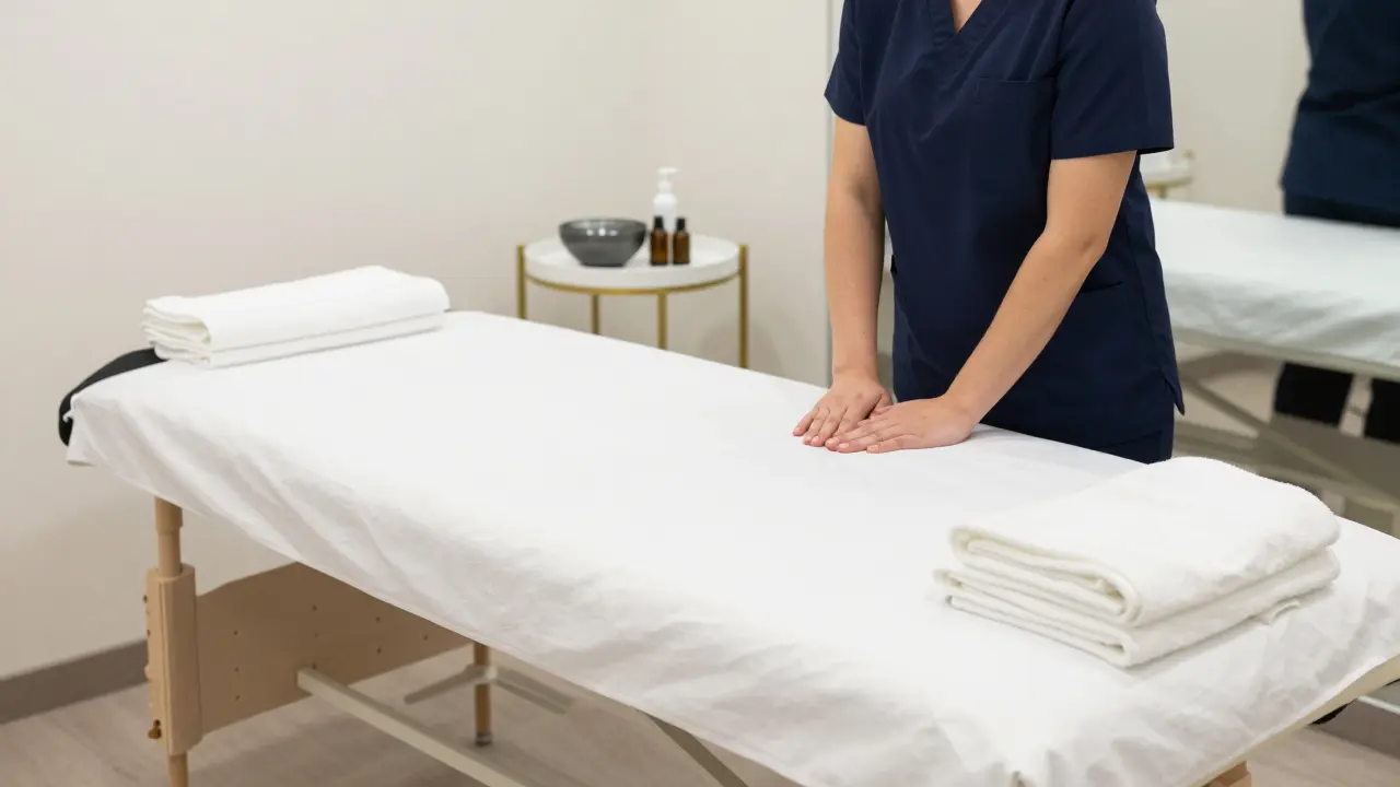 A clean, professional clinical massage therapy room with white linens and bright lighting.