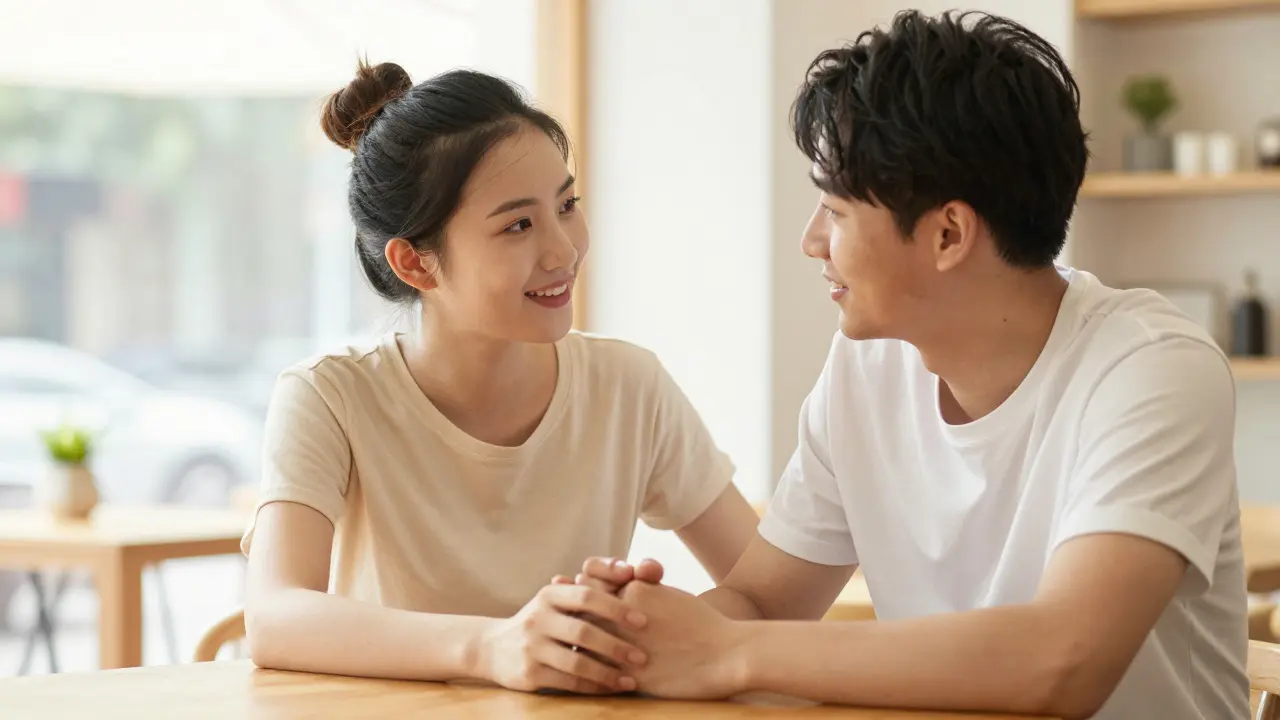 A couple talking warmly and holding hands in a bright cafe, symbolizing communication and trust.