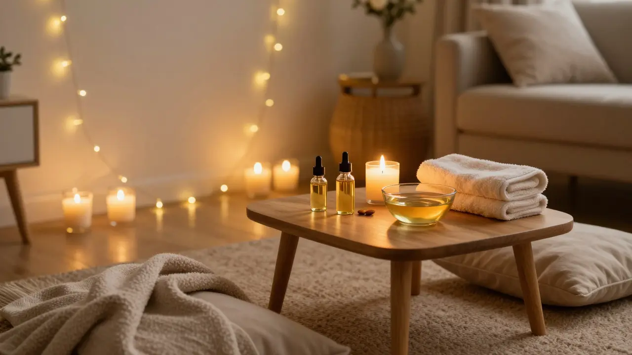 A cozy home space prepared for a mindful massage with candles and oils