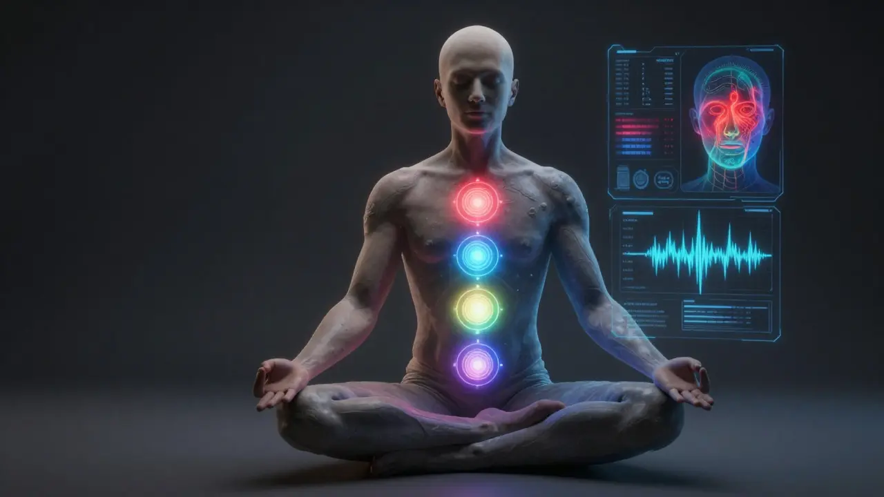 A human silhouette showing glowing chakras blended with digital biometric data and heat maps.