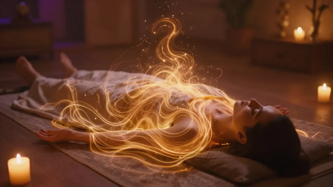 A person in a serene room with golden energy flows symbolizing a Tantric spiritual experience
