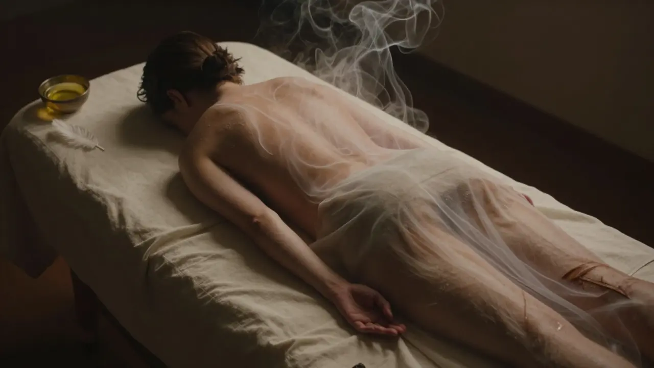 A person relaxing on a massage table as ethereal veils drift away, symbolizing the release of emotional tension.