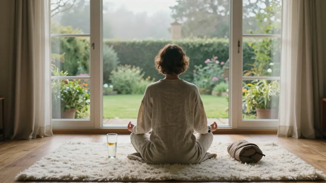 A person sitting in quiet meditation in a bright, airy room overlooking a peaceful garden.