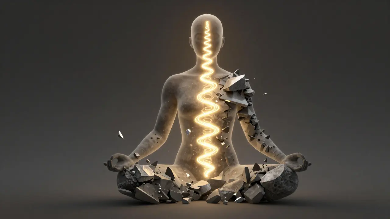 A silhouette with golden energy flow and grey stone shards representing stored trauma.