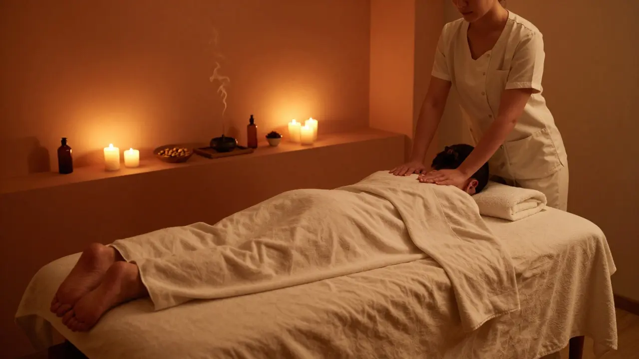 A warm, dimly lit professional massage room with candles and a peaceful atmosphere.