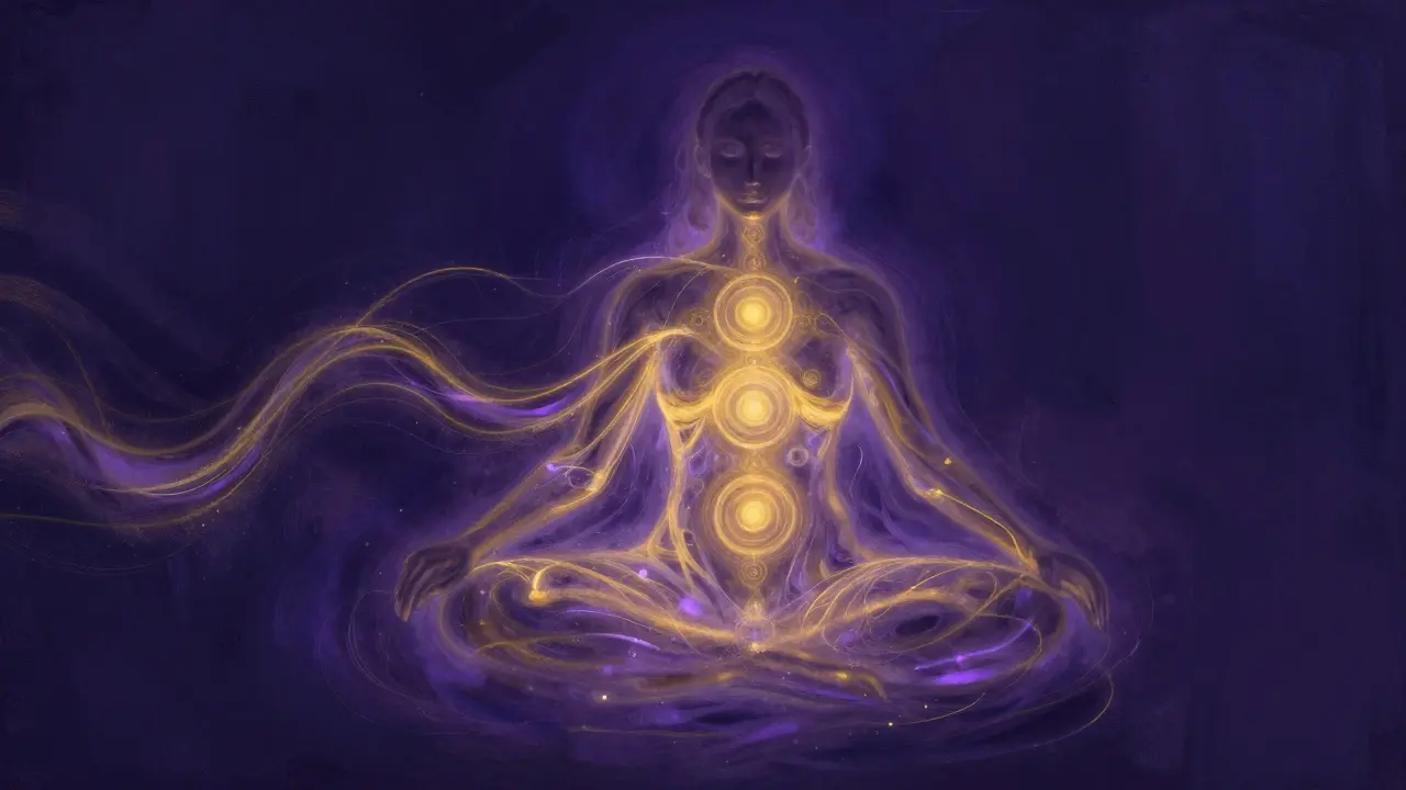 Abstract artistic representation of golden and violet energy flowing around a meditating human silhouette.