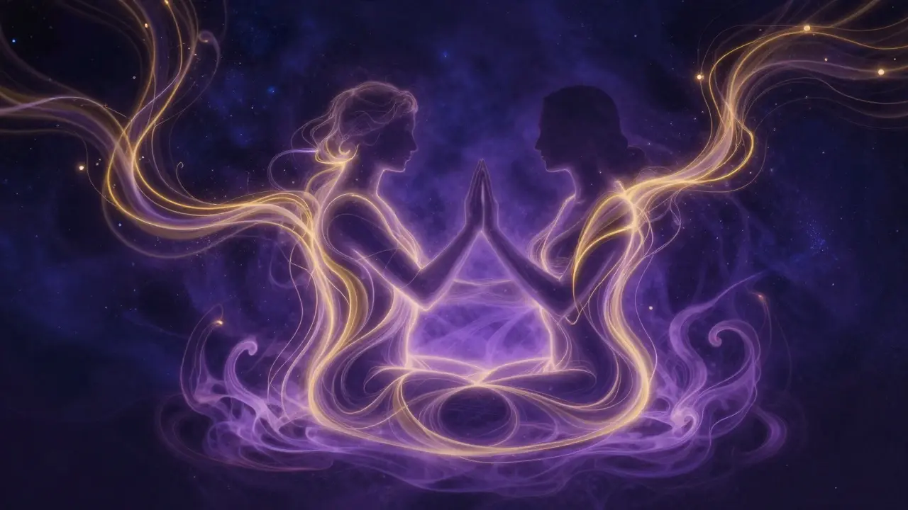 Artistic representation of golden energy flowing between two meditating figures