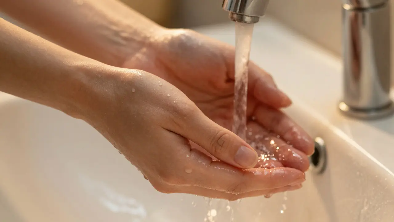 Close-up of hands sensing running water under a tap.