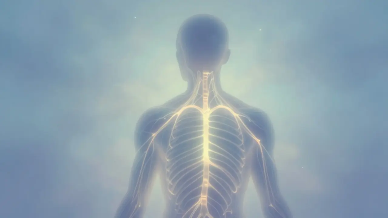 Glowing abstract silhouette showing energy flow inside body.