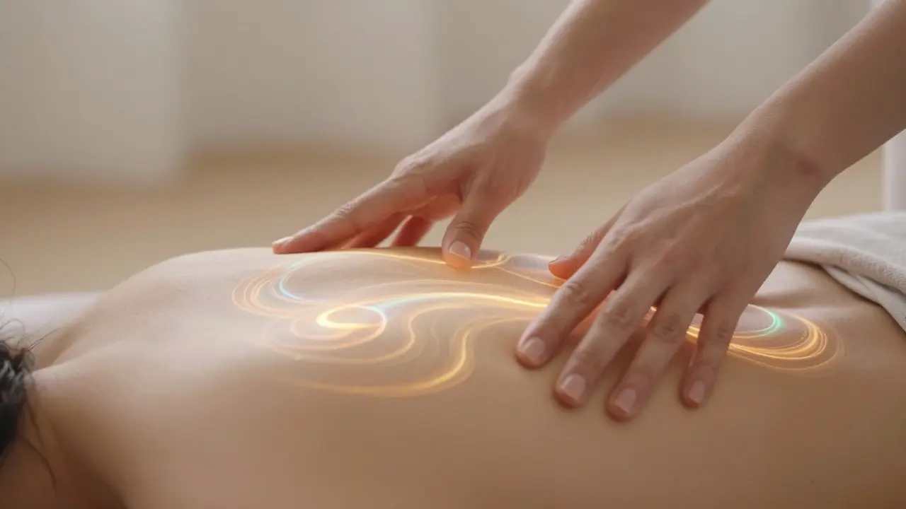 Hands hovering over a shoulder with golden light swirls representing energy flow.