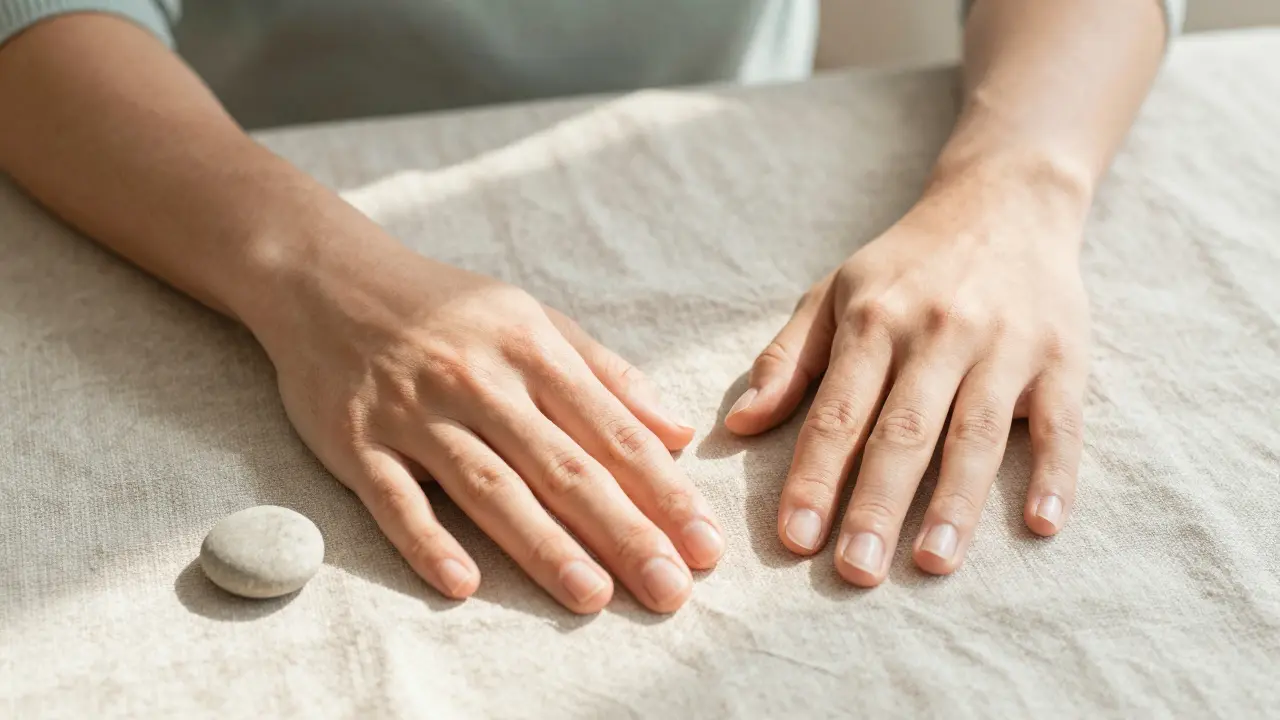 Hands resting near a river stone on linen fabric, symbolizing safety and boundaries.