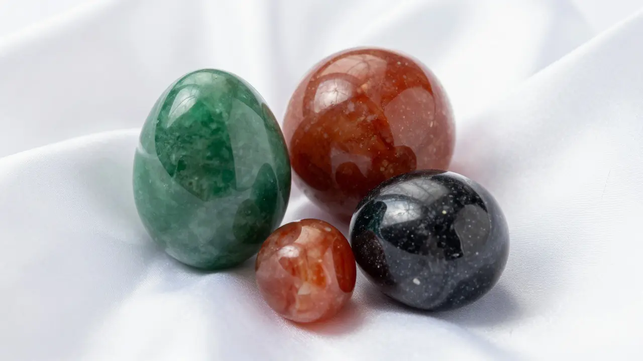 Three polished gemstone Yoni eggs in jade, jasper, and tourmaline on silk