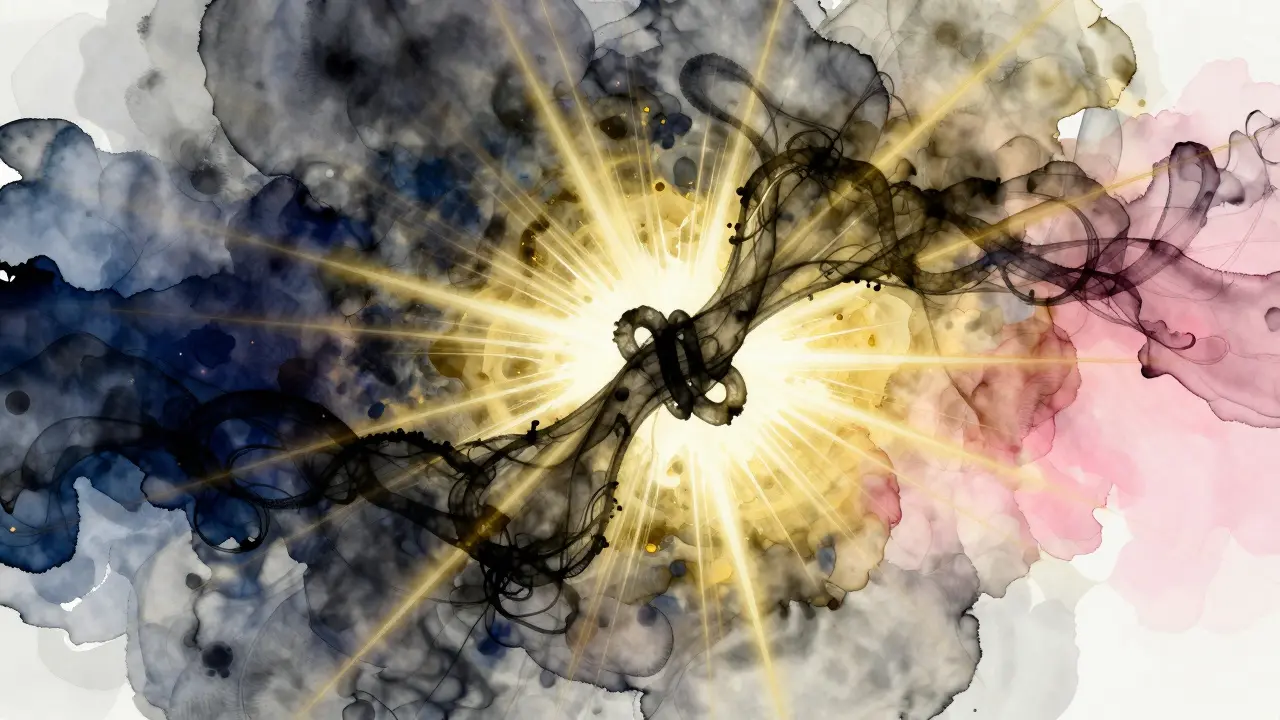 Abstract art showing dark knots unraveling into light, symbolizing emotional release and healing.