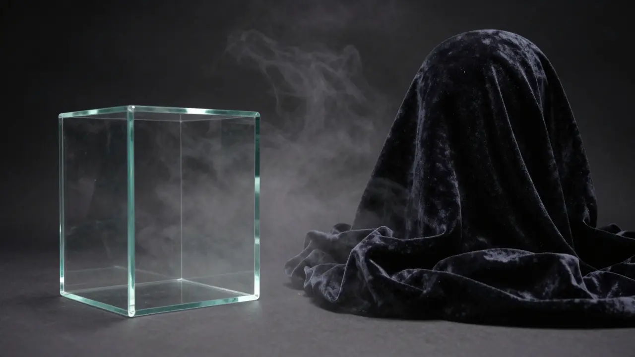 Abstract contrast between transparent structure and shadowy forms