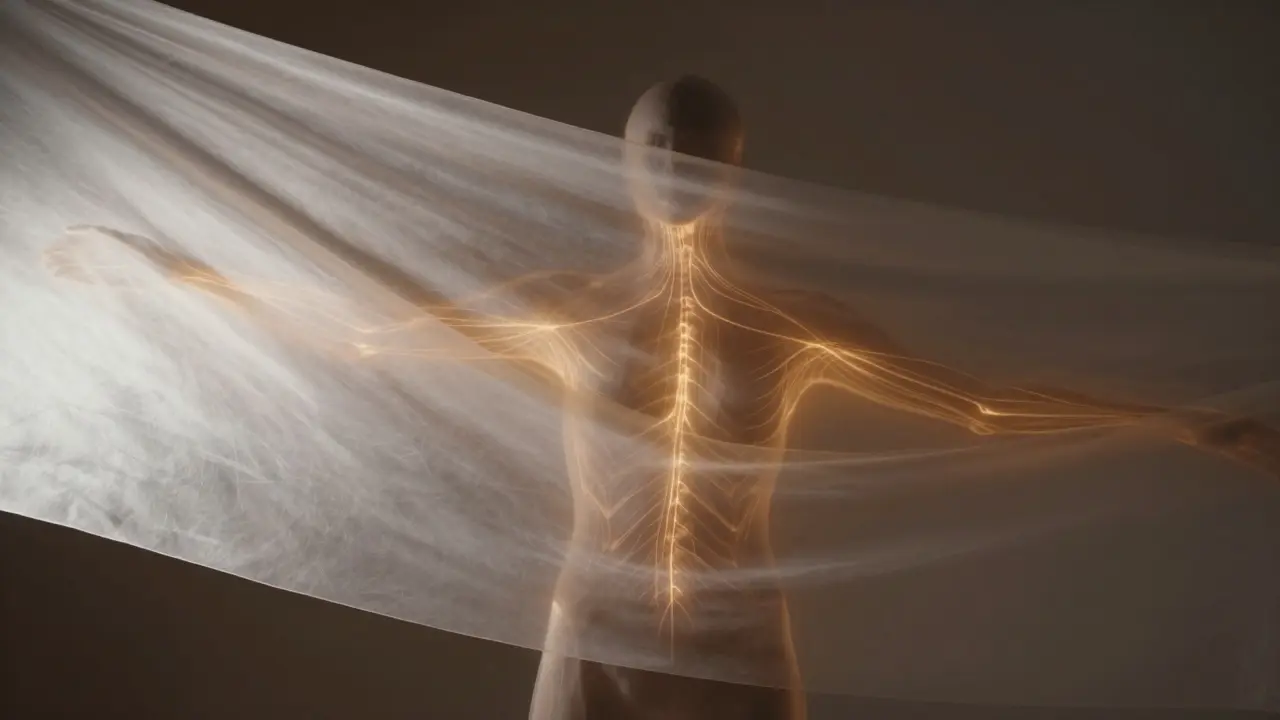 Abstract silhouette showing energy flow through translucent fabric layers on a body.