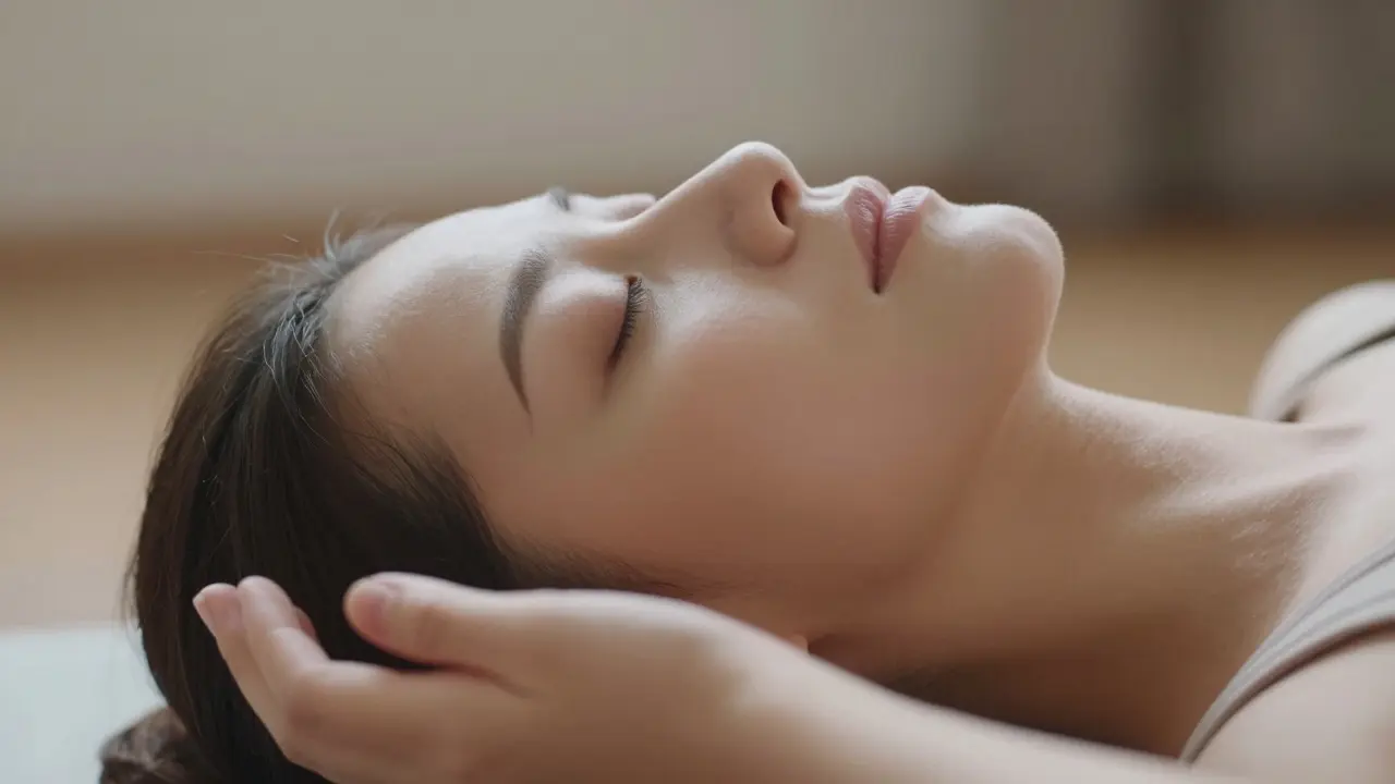 Close-up of a person meditating with eyes closed, focusing on breath.