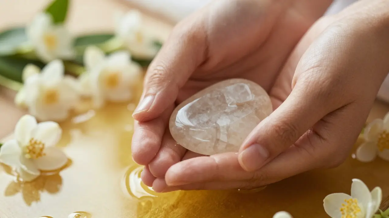 Close-up of hands holding crystal over massage oil