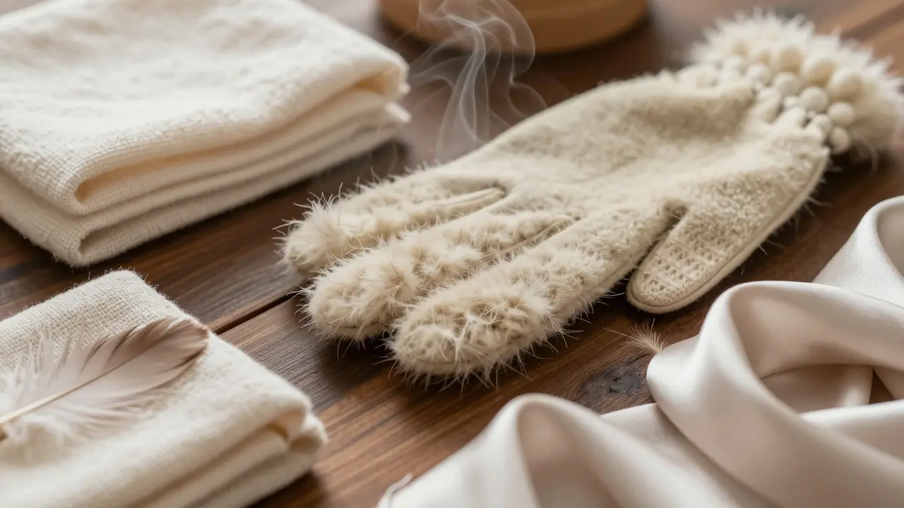 Heated towels, fur gloves, feathers, and silk scarves arranged as tactile therapy tools.