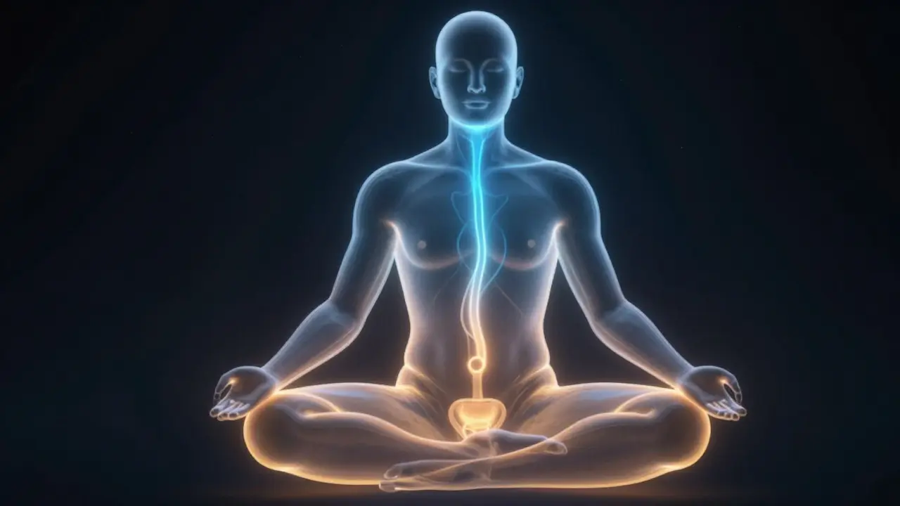 Illustration of energy flowing up the spine and down the body in a loop.