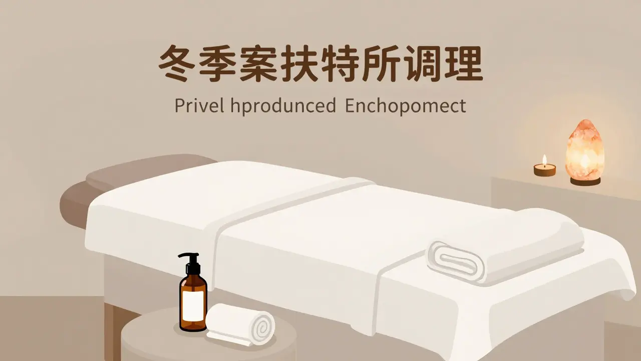 Minimalist view of a clean, warm massage room with oils and white linens, emphasizing safety.