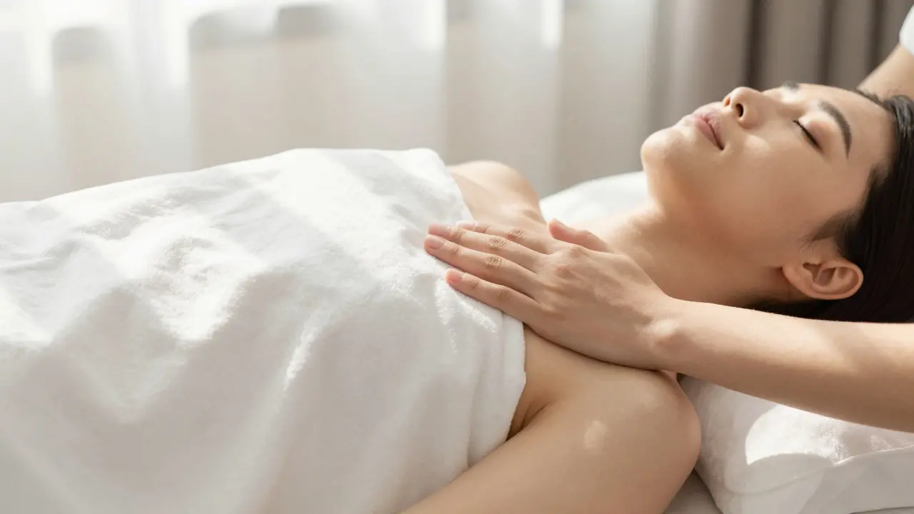 Relaxed person on massage table with secure draping, bathed in soft sunlight.