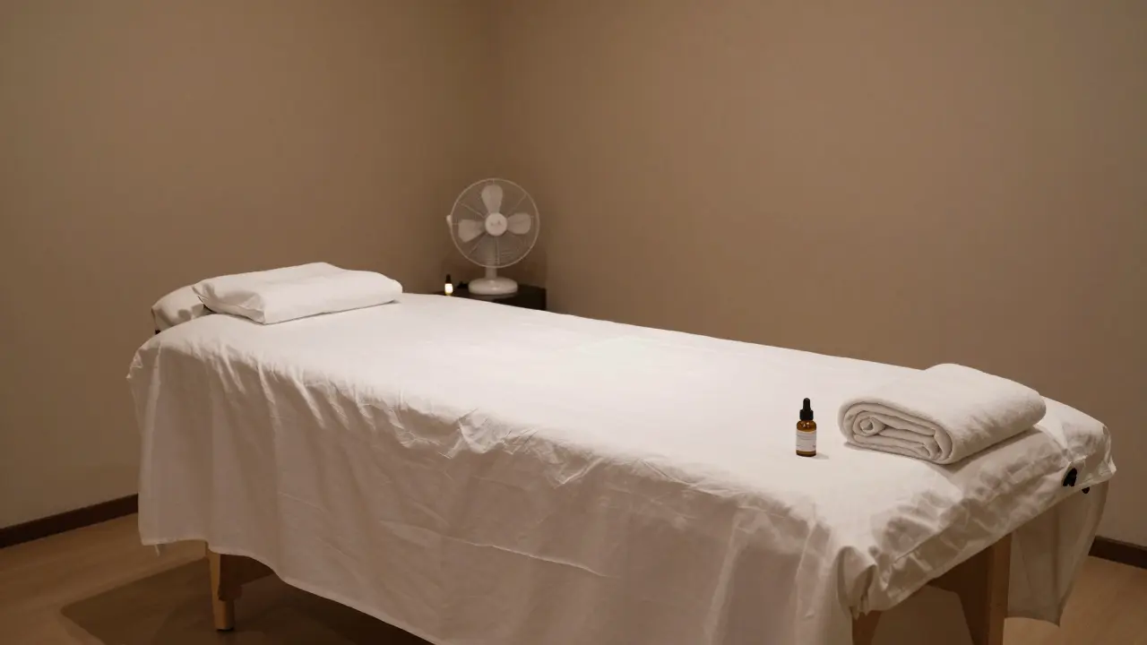 A serene, dimly lit massage room with prepared table, oils, and soft lighting.